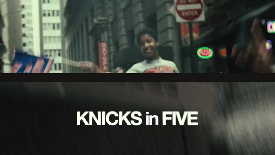 Two stacked frames: a street celebration shot from inside the crowd at head height, and a white title card reading Knicks in Five over a motion blurred plate